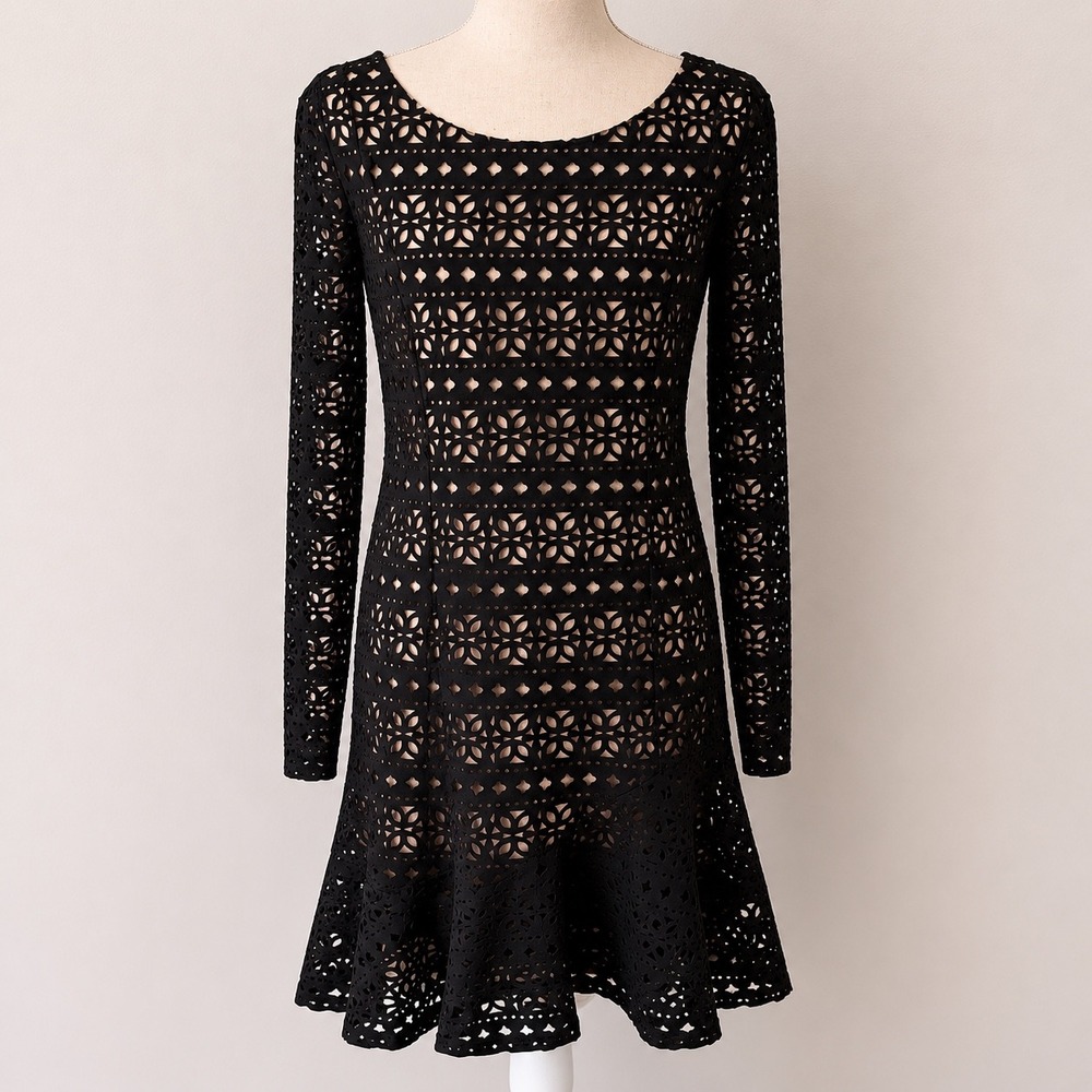 Katherine Kelly Laser Cut Eyelet Dress Womens 10 Black Long Sleeve Flounce Hem